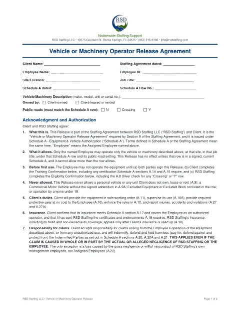 First page preview — Vehicle or Machinery Operator Release