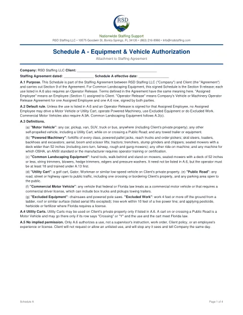 First page preview — Schedule A – Equipment & Vehicle Authorization